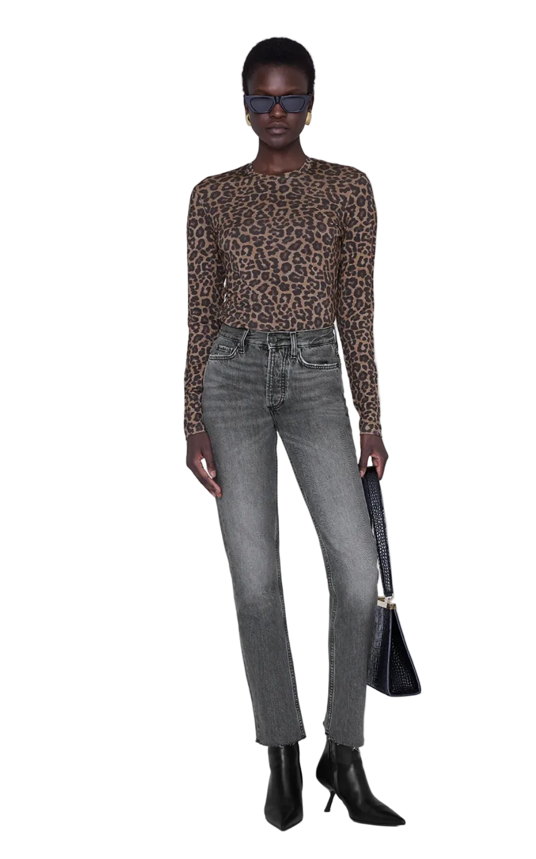 Anine Bing Womens Novelty Knit Tops XSmall / Black and Brown Leopard Sylvie Long Sleeve Tee - Black and Brown Leopard