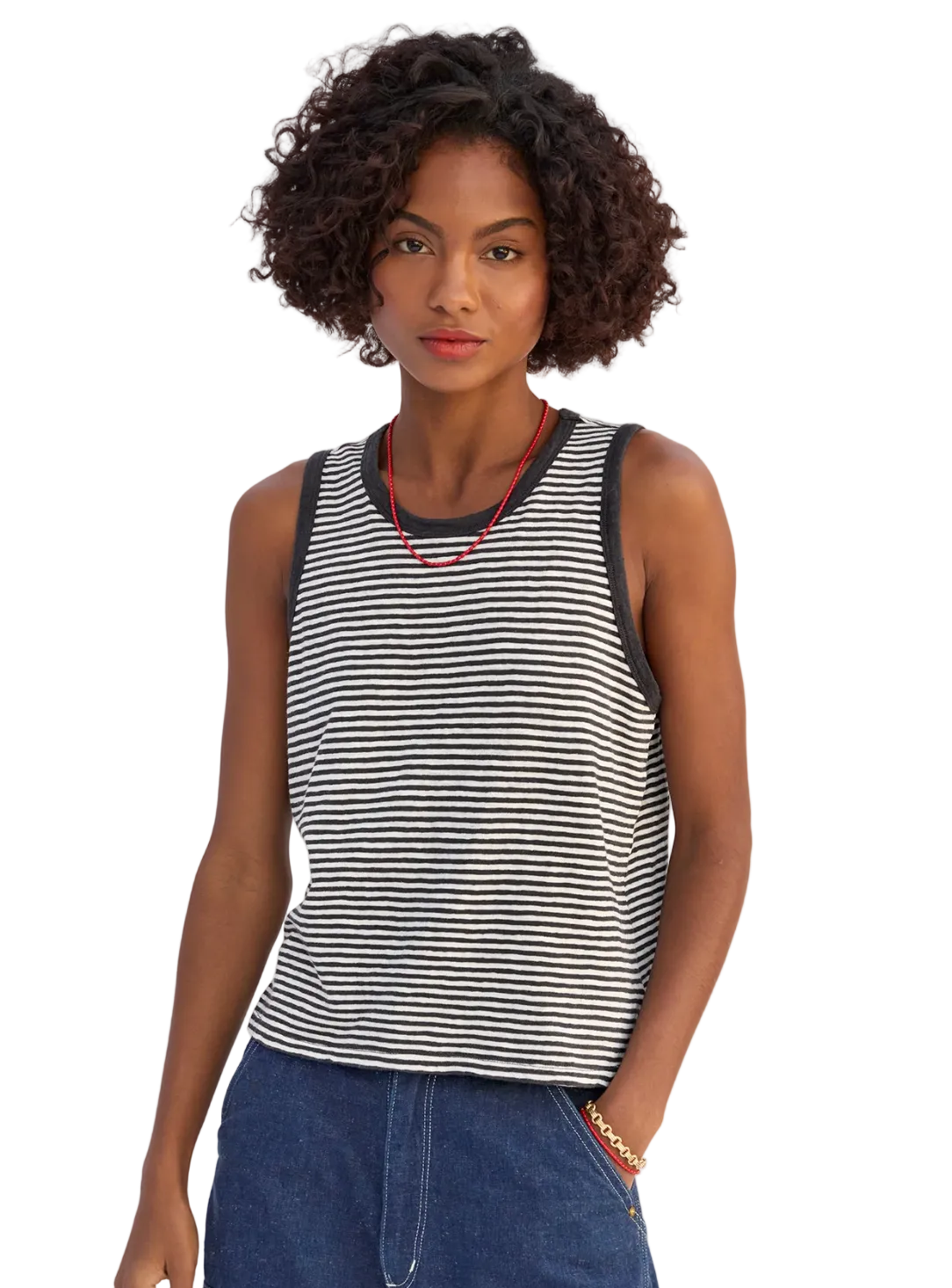Clare V Womens Novelty Knit Tops Cotton/Linen Mini Stripe Camp Fit Tank