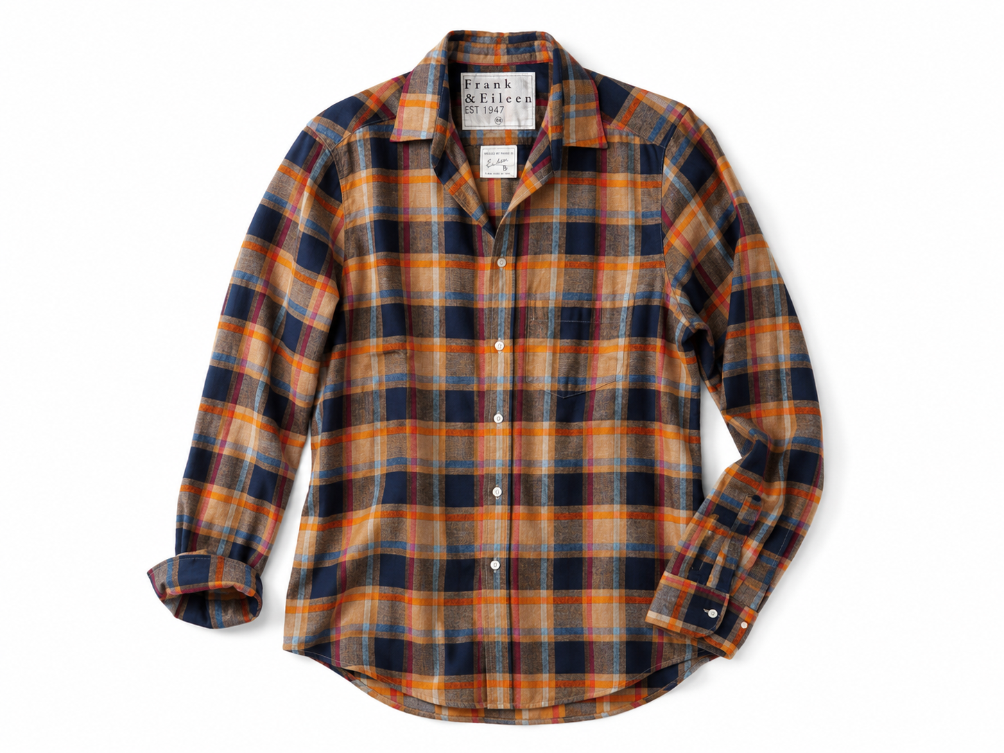 Frank & Eileen Womens Novelty Tops XSmall / Gold Navy Orange Plaid Relaxed Button-Up Shirt