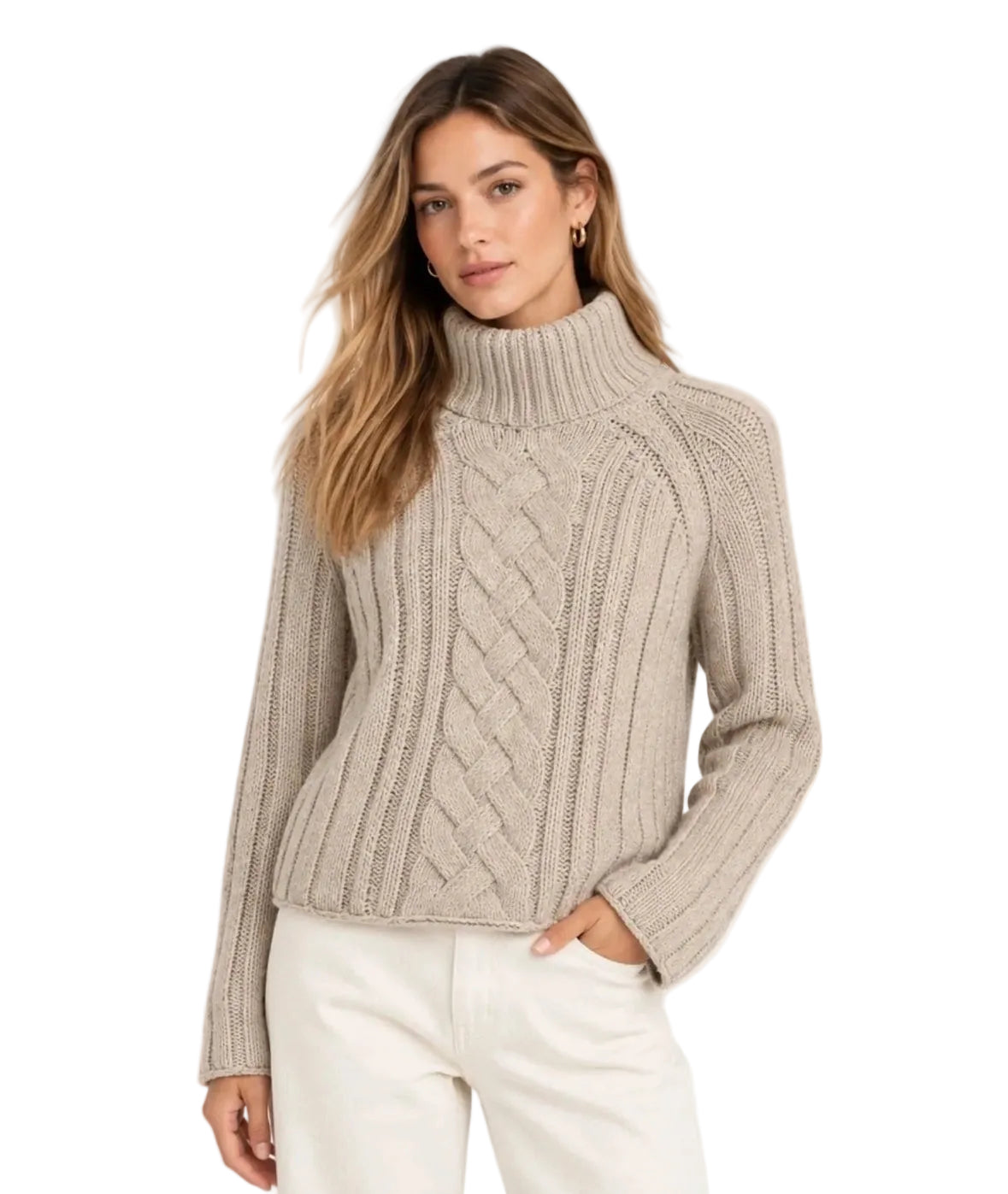 Frank & Eileen Womens Sweaters XSmall / Almond Cotswold Cable Knit Turtleneck, image 1 of 3