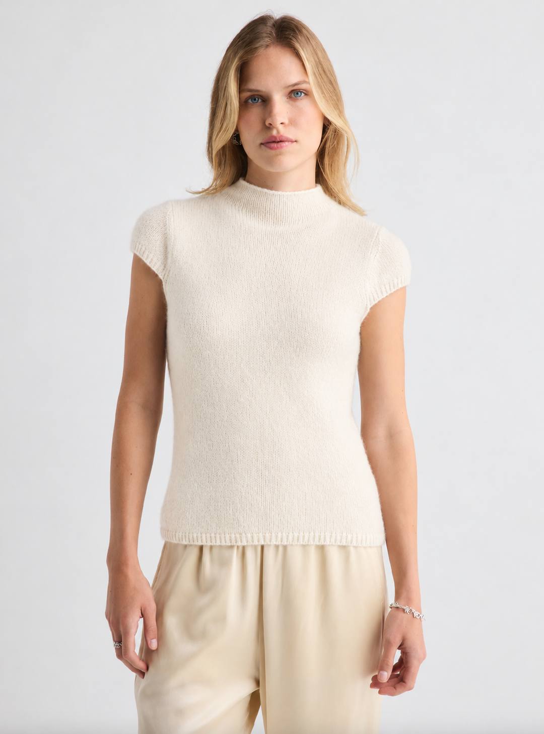 W Cashmere Brigitte Mock Neck S/S in Ivory, image 5 of 6