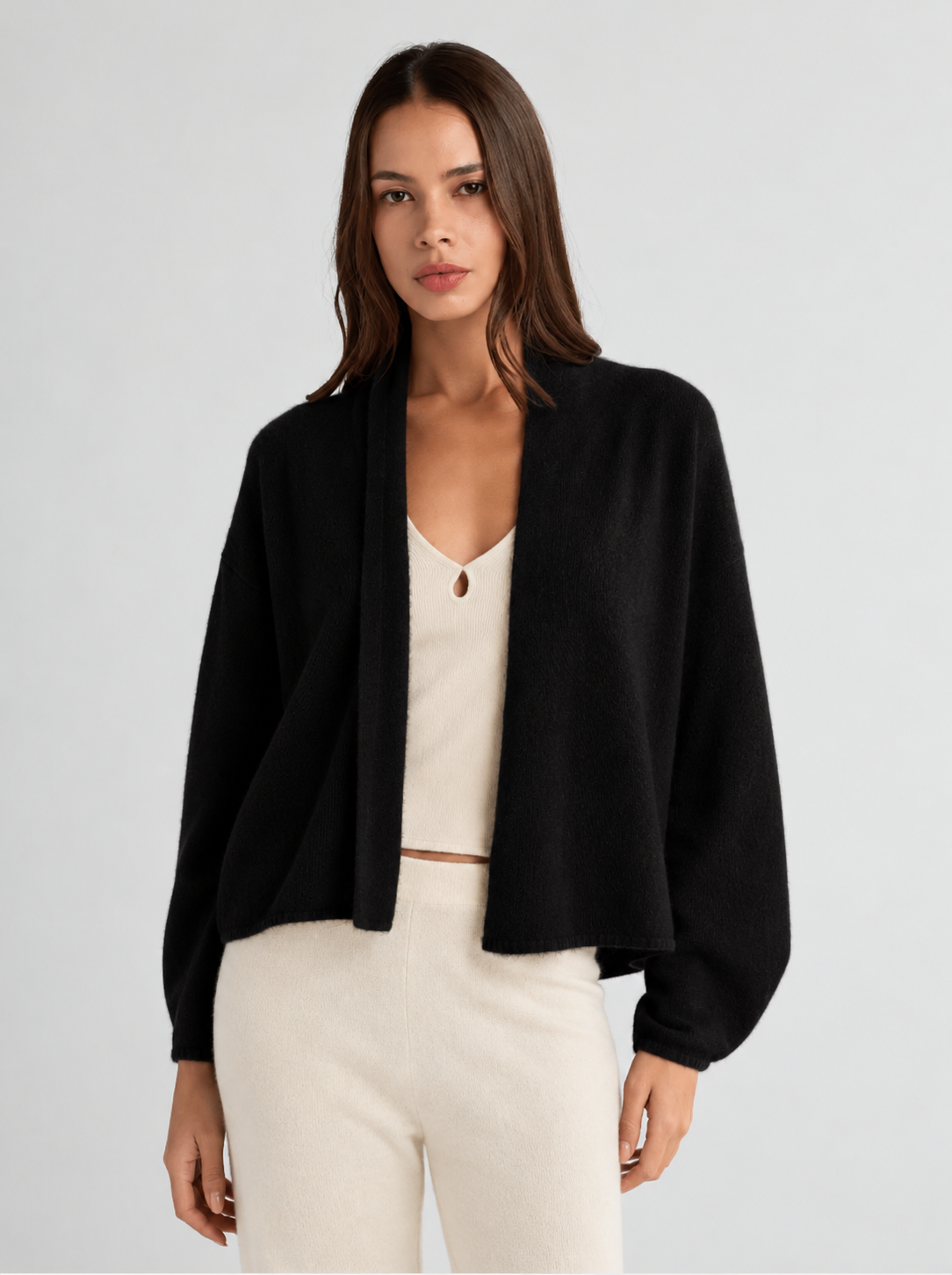 W Cashmere Estelle Open Cardigan in Black, image 3 of 3