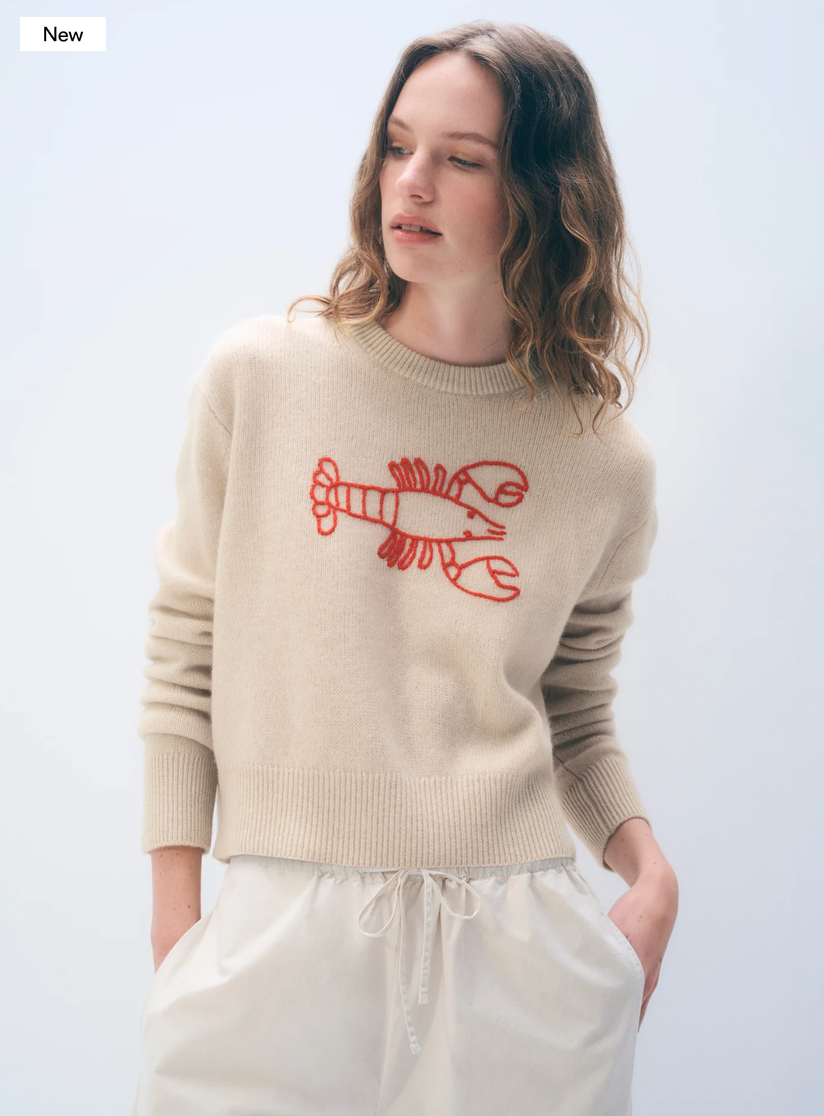 White & Warren Womens Sweaters - Cashmere XSmall Lobster Crewneck Cashmere Embroidered