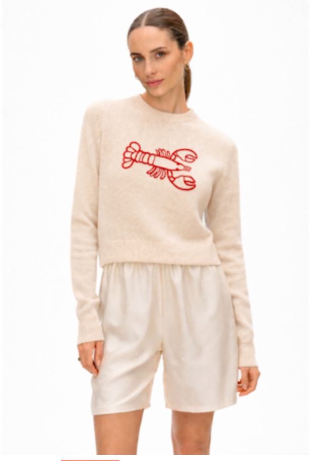 White & Warren Womens Sweaters - Cashmere Lobster Crewneck Cashmere Embroidered