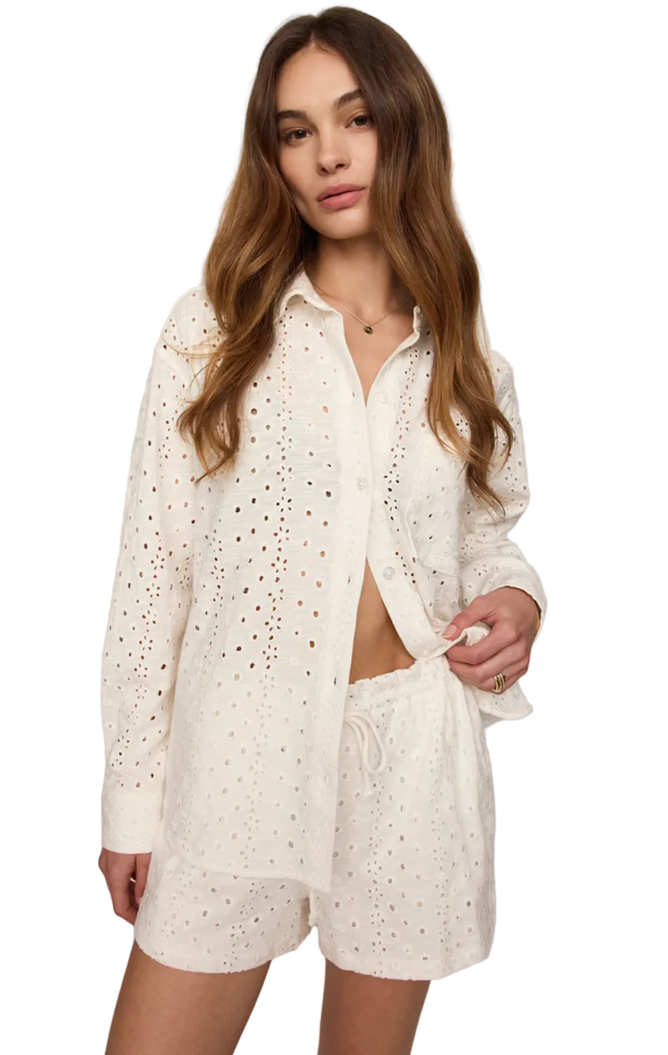 Z Supply Womens Novelty Tops XSmall / White Elise Knit Eyelet Button Up