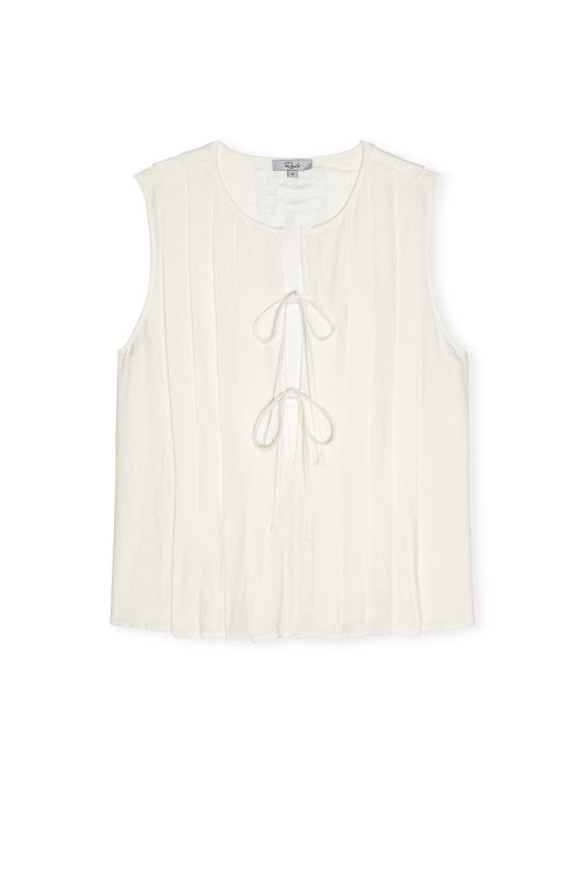 White sleeveless top with lace details on a white background