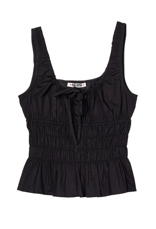 Black tank top with a bow detail on a white background