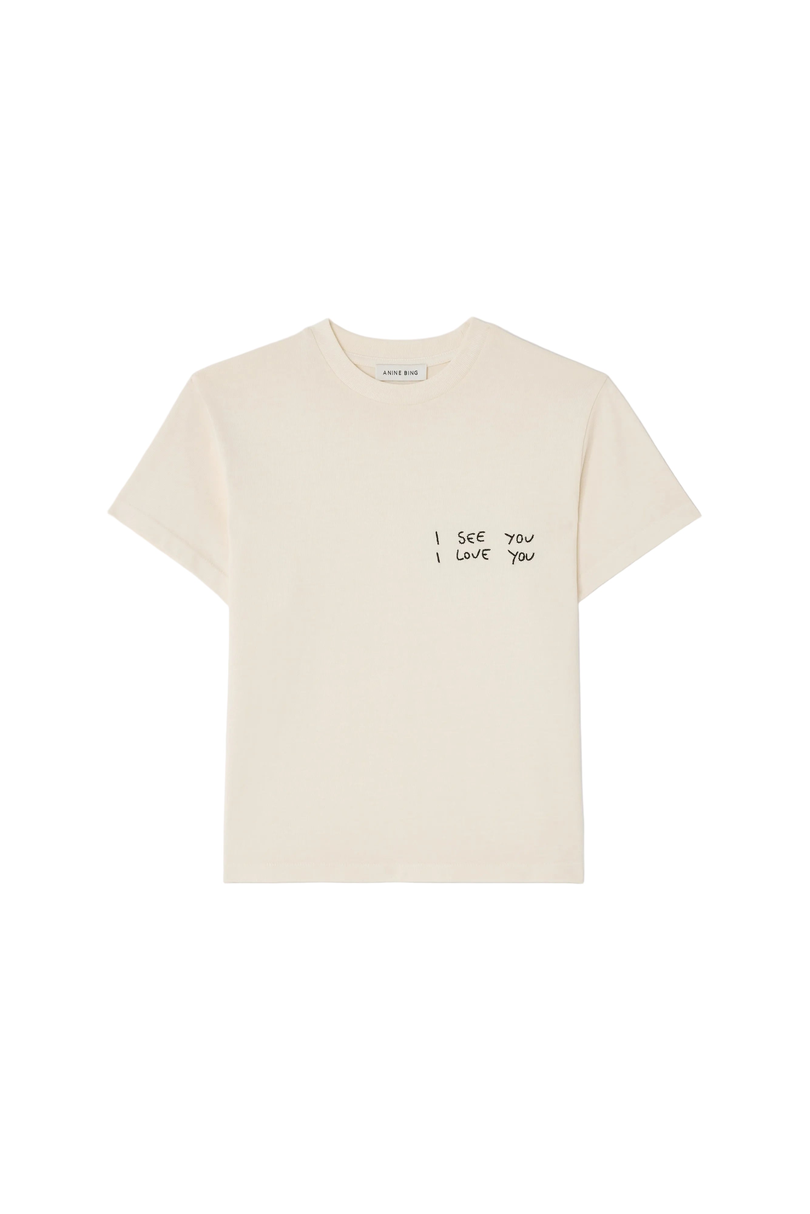 Beige t-shirt with text on a light gray background