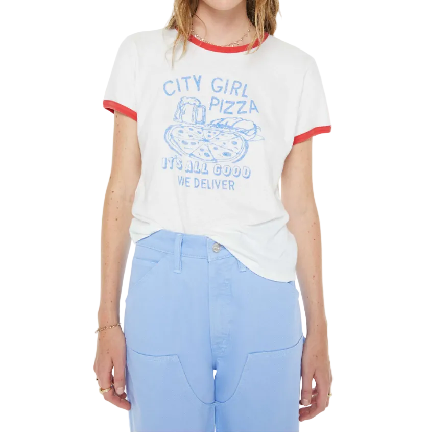 Person wearing a white t-shirt with red trim and blue graphic text on a white background