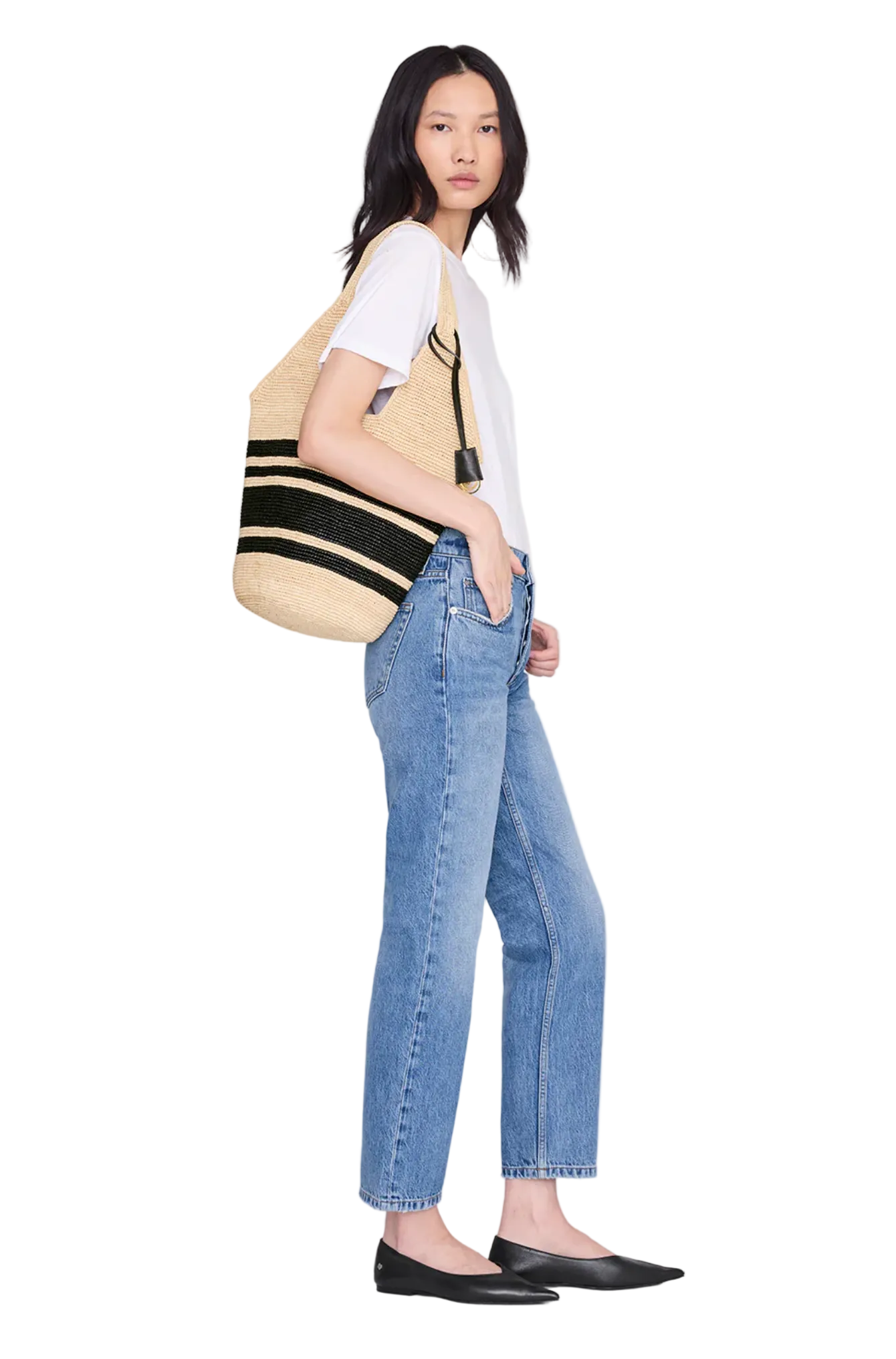 Anine Bing Womens Accessories Tan Large Leah Stripes Hobo - Black and Natural Stripe