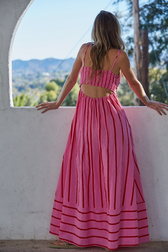 Woven Cotton Striped Square Flare Midi Dress | Mod Ref L / Pink Multi Woven Cotton Striped Square Flare Midi Dress | Mod Ref L / Pink Multi