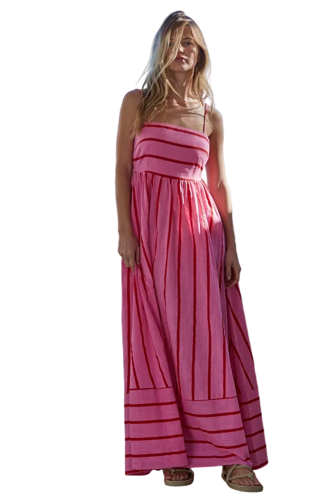 By Together Womens Dresses Woven Cotton Striped Square Flare Midi Dress