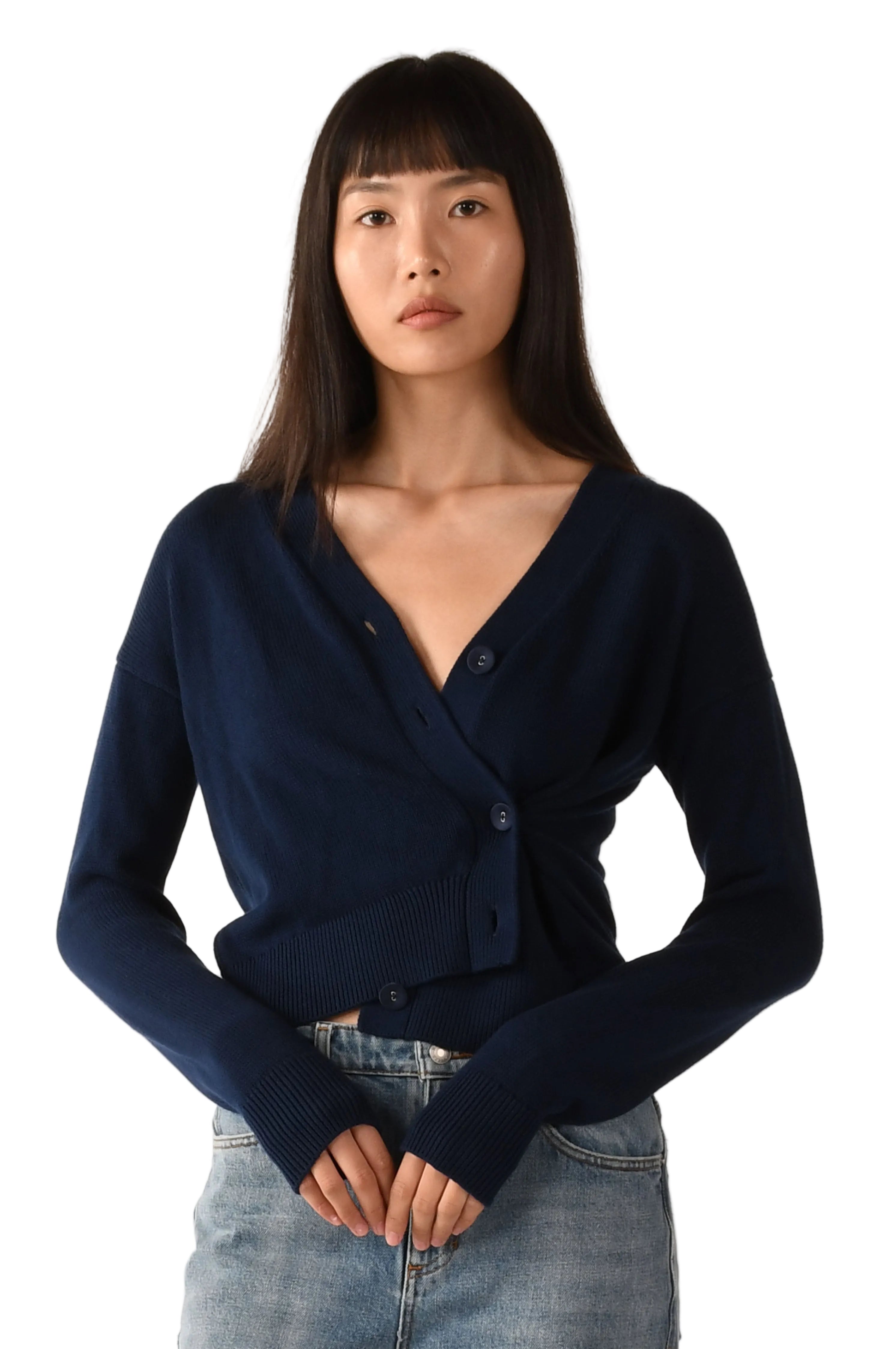 CISSA Womens Sweaters XS/S / Navy Cotton Knit The Waist Length Wrap Cardigan