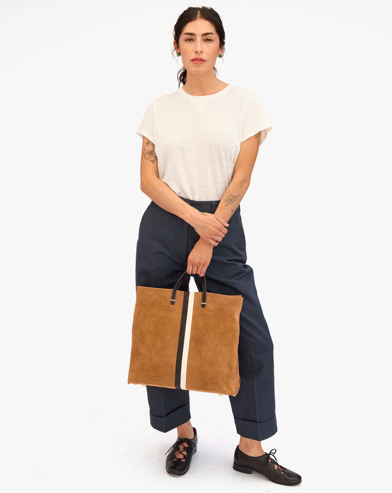 Clare V Womens Accessories Camel Suede/Black/Cream Stripe Simple Tote