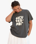 Clare V Womens Novelty Knit Tops XSmall / Faded Black Original Tee Excusez Moi