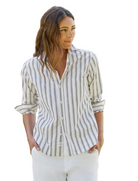 Frank & Eileen Womens Novelty Tops XSmall / Tan W/ Multi Black Stripe NYC Button-Up Shirt