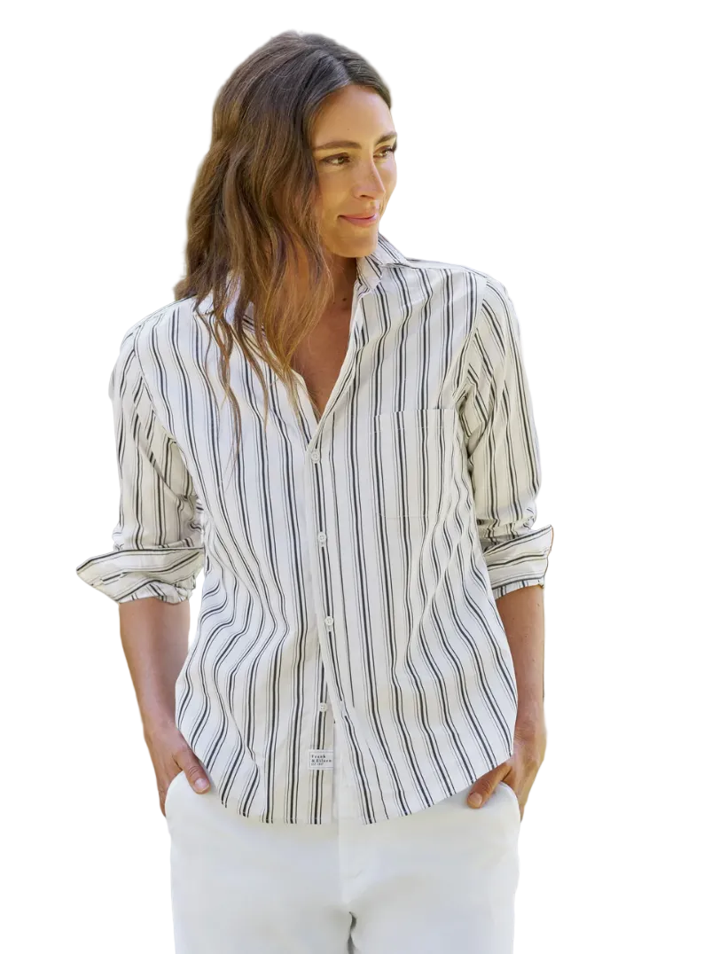 Frank & Eileen Womens Novelty Tops XSmall / Tan W/ Multi Black Stripe NYC Button-Up Shirt