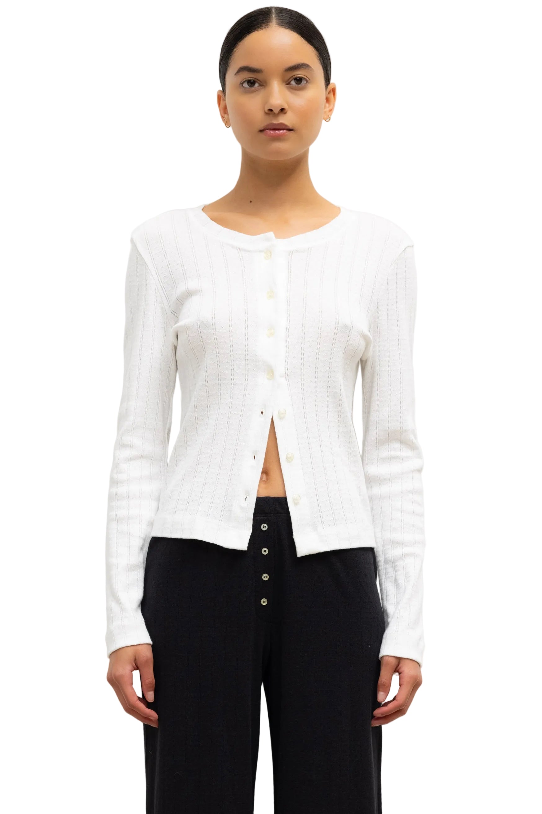 Leset Womens Novelty Knit Tops Pointelle Classic Crew Cardigan