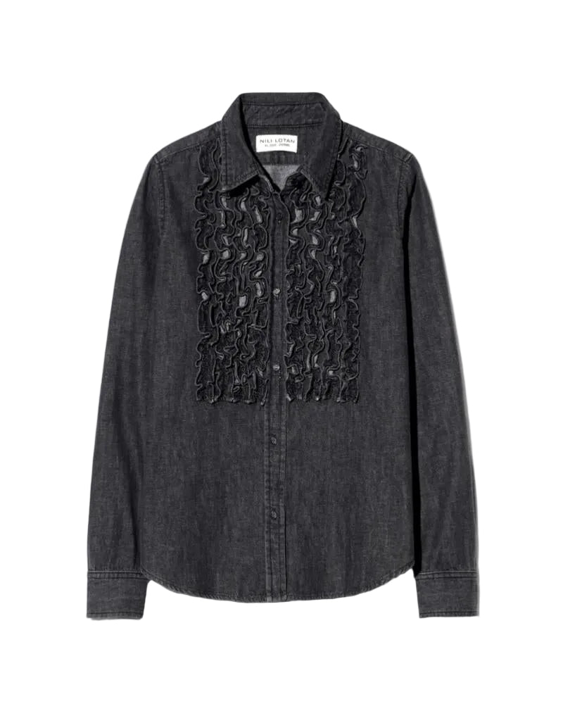 Nili Lotan Womens Novelty Tops Emilie Denim Ruffle Shirt