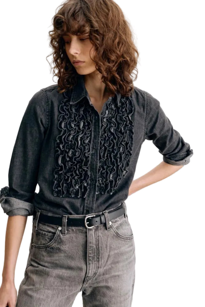 Nili Lotan Womens Novelty Tops XSmall / Faded Black Wash Emilie Denim Ruffle Shirt
