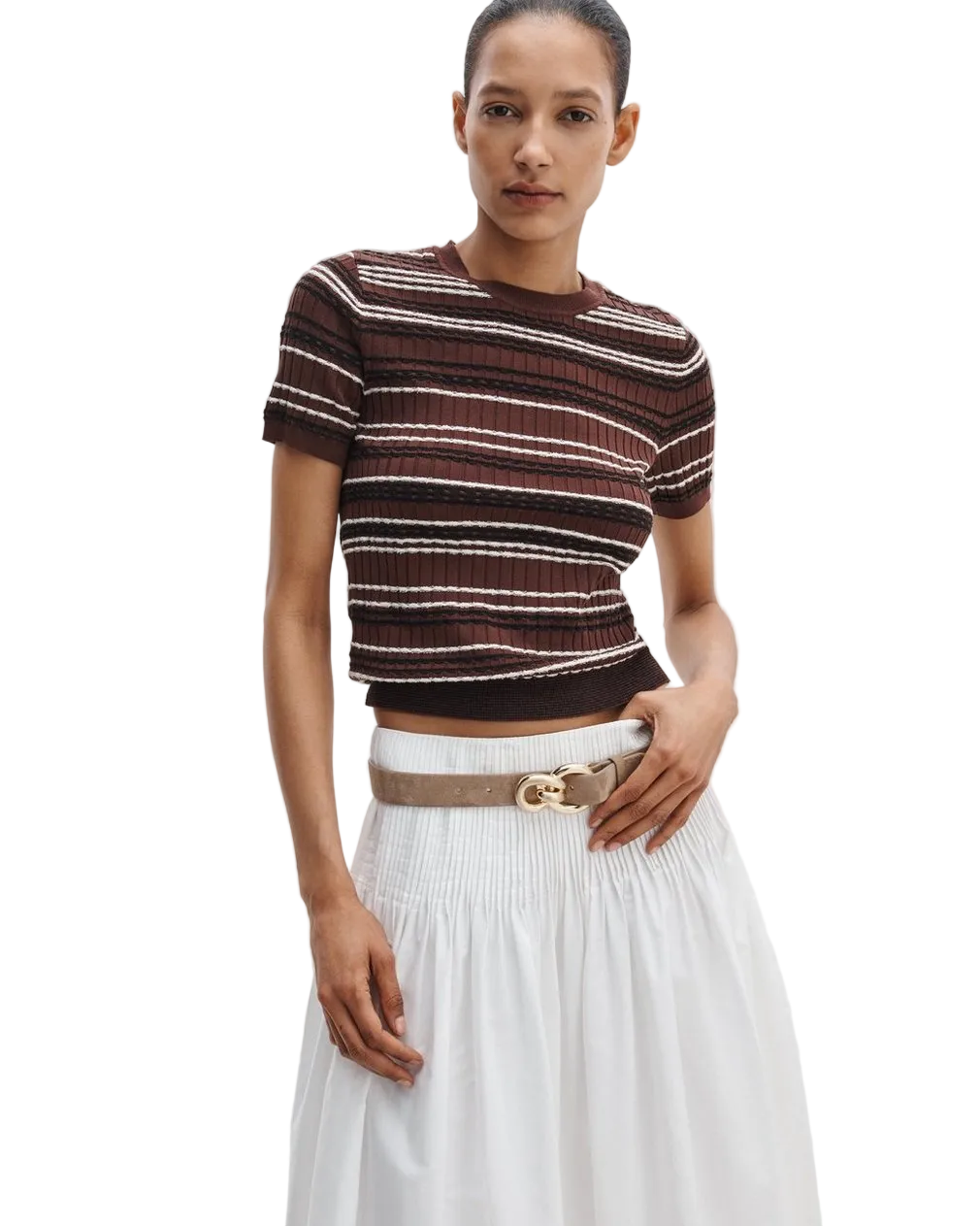 rag & bone Womens Novelty Knit Tops XSmall / Mahogany Karina Stripe Short Sleeve