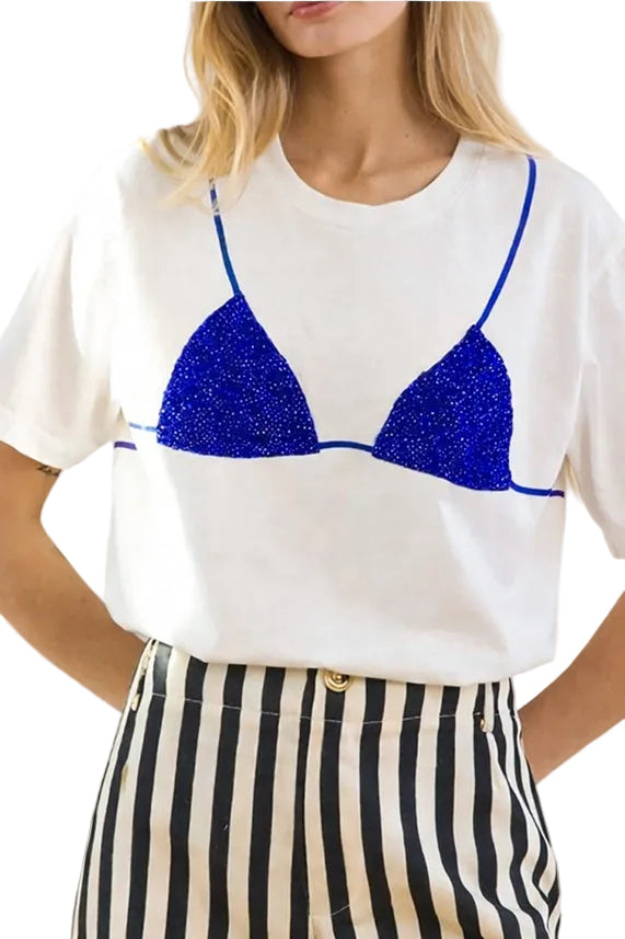 Raisonnel Womens Novelty Knit Tops Small / White/Blue Caviar Print Bikini Graphic Tee