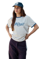 Raisonnel Womens Novelty Knit Tops Merci Embroidered Contrast Trim Tee