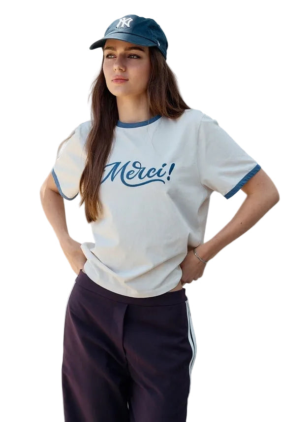Raisonnel Womens Novelty Knit Tops Merci Embroidered Contrast Trim Tee