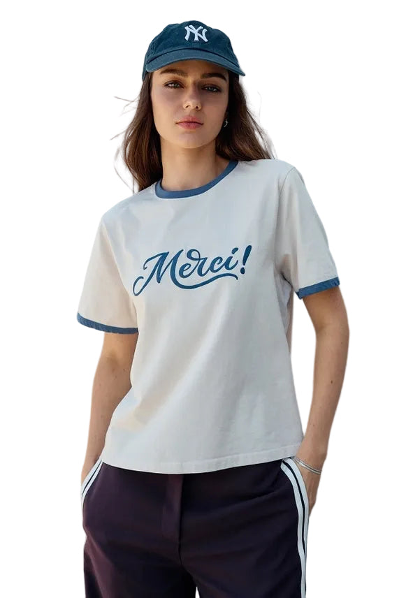 Raisonnel Womens Novelty Knit Tops Small / Light Sand Merci Embroidered Contrast Trim Tee