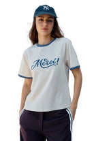 Raisonnel Womens Novelty Knit Tops Small / Light Sand Merci Embroidered Contrast Trim Tee