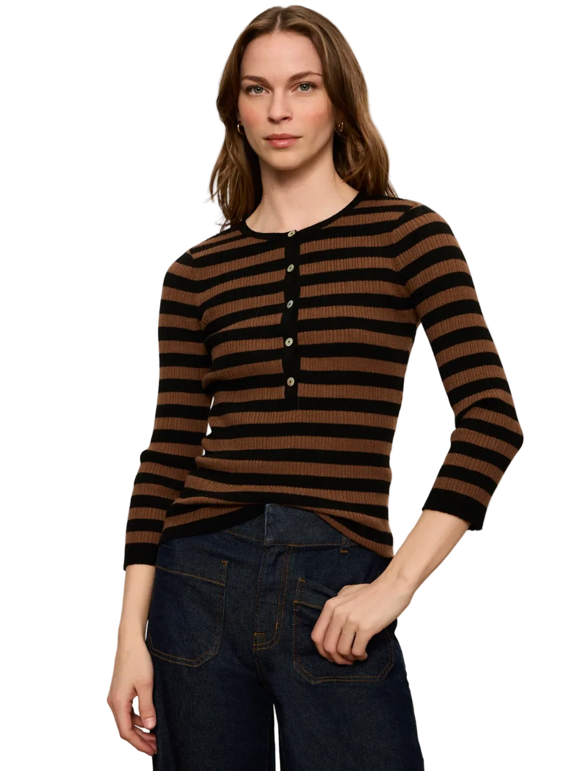 Sanctuary Womens Novelty Knit Tops XSmall / Black/Cocoa Powder Stripe Selena Henley Top