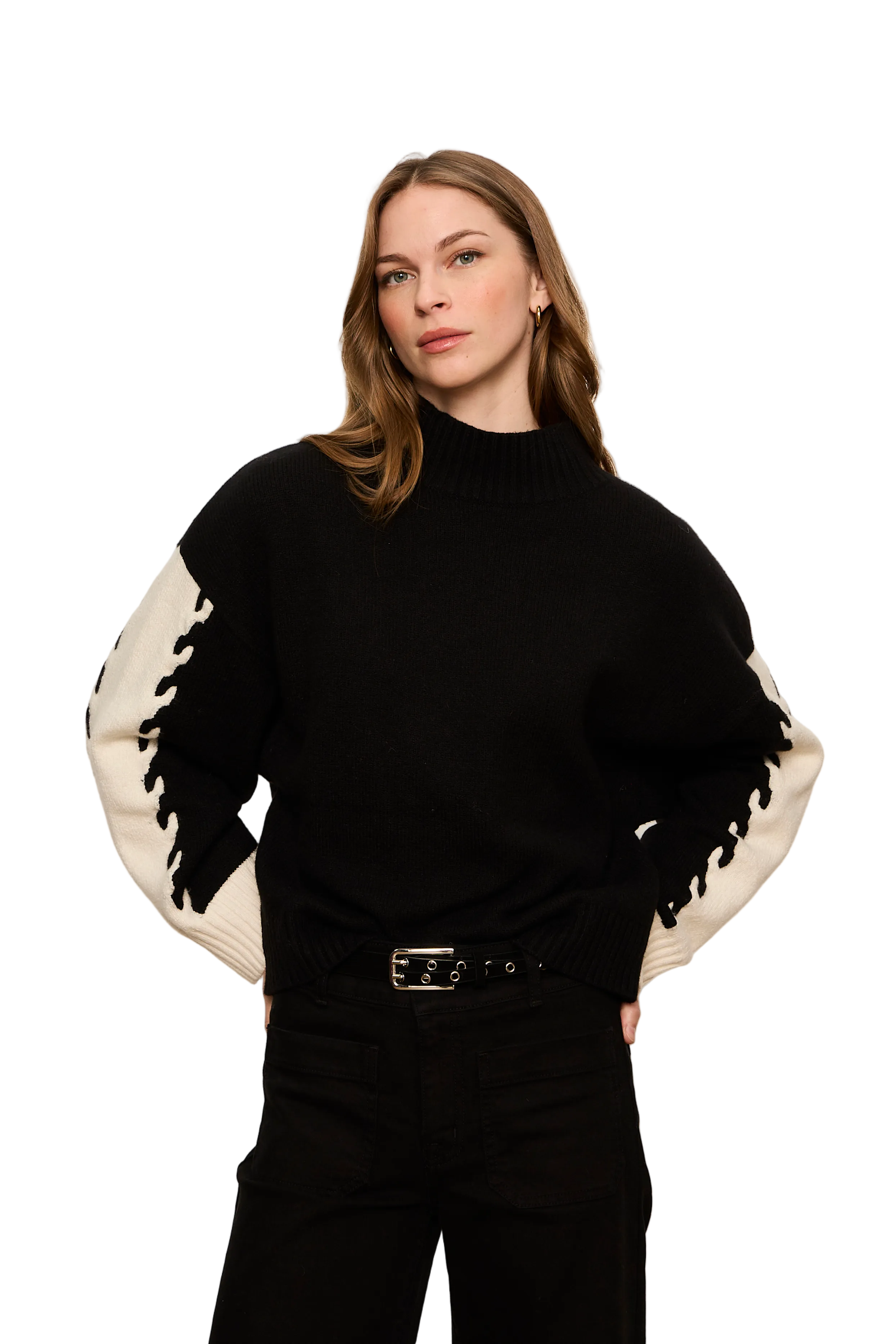 Sanctuary Womens Sweaters XSmall / Black/Bone Color Block Mock Neck Pullover