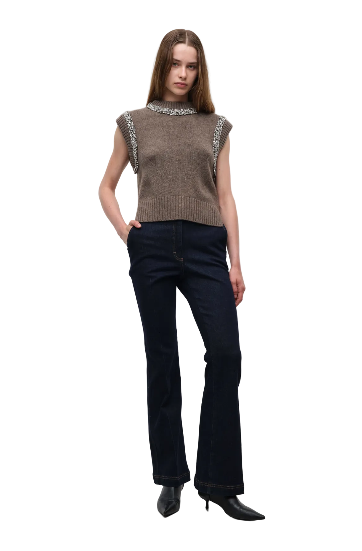 Simkhai Womens Sweaters Small / Birch Melange Joanae S/L Pullover With Embellishment, image 1 of 2