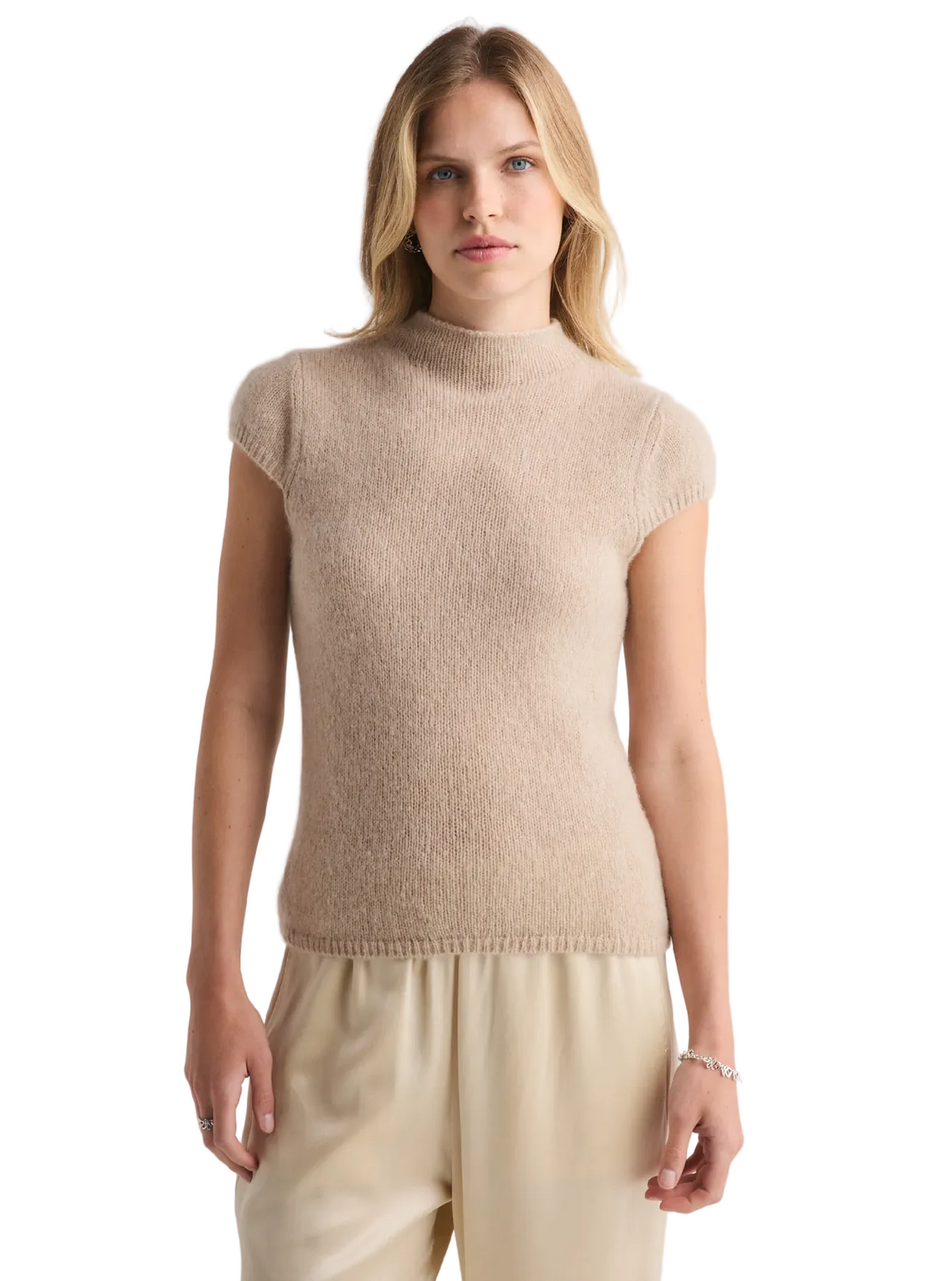 W Cashmere Brigitte Mock Neck S/S in Jute, image 1 of 6
