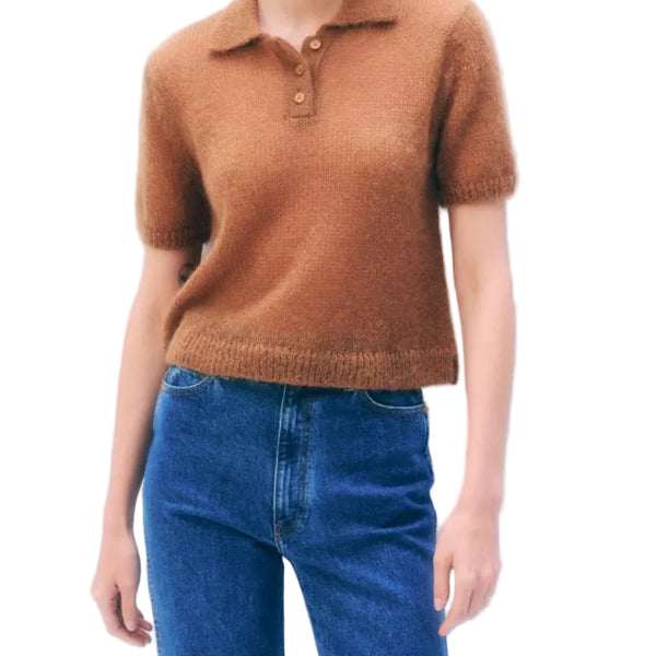 White & Warren Mohair Blend Polo in Camel Brown