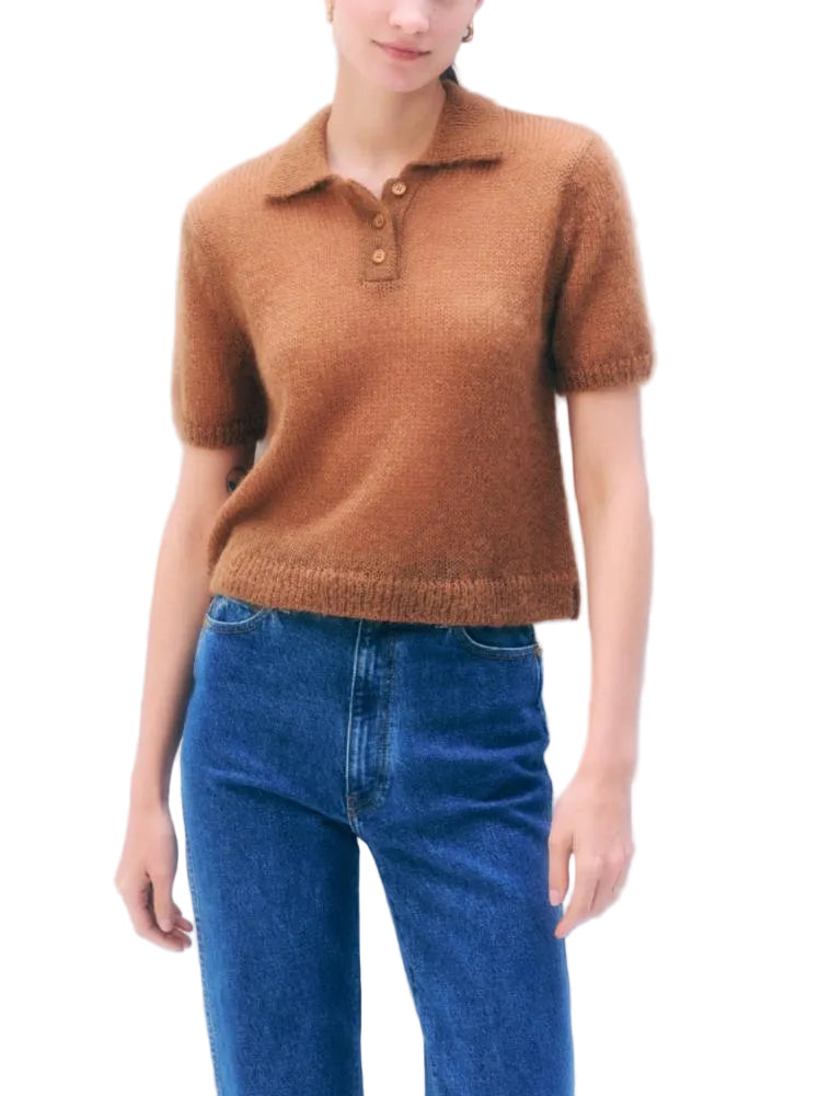 White & Warren Womens Novelty Tops XSmall / Camel Brown Mohair Blend Polo