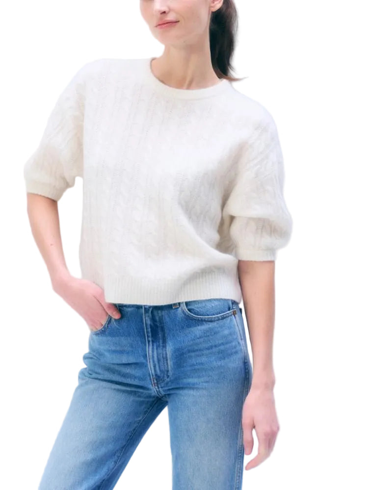 White & Warren Womens Sweaters - Cashmere XSmall / Soft White Cashmere Cable Short Sleeve Sweater