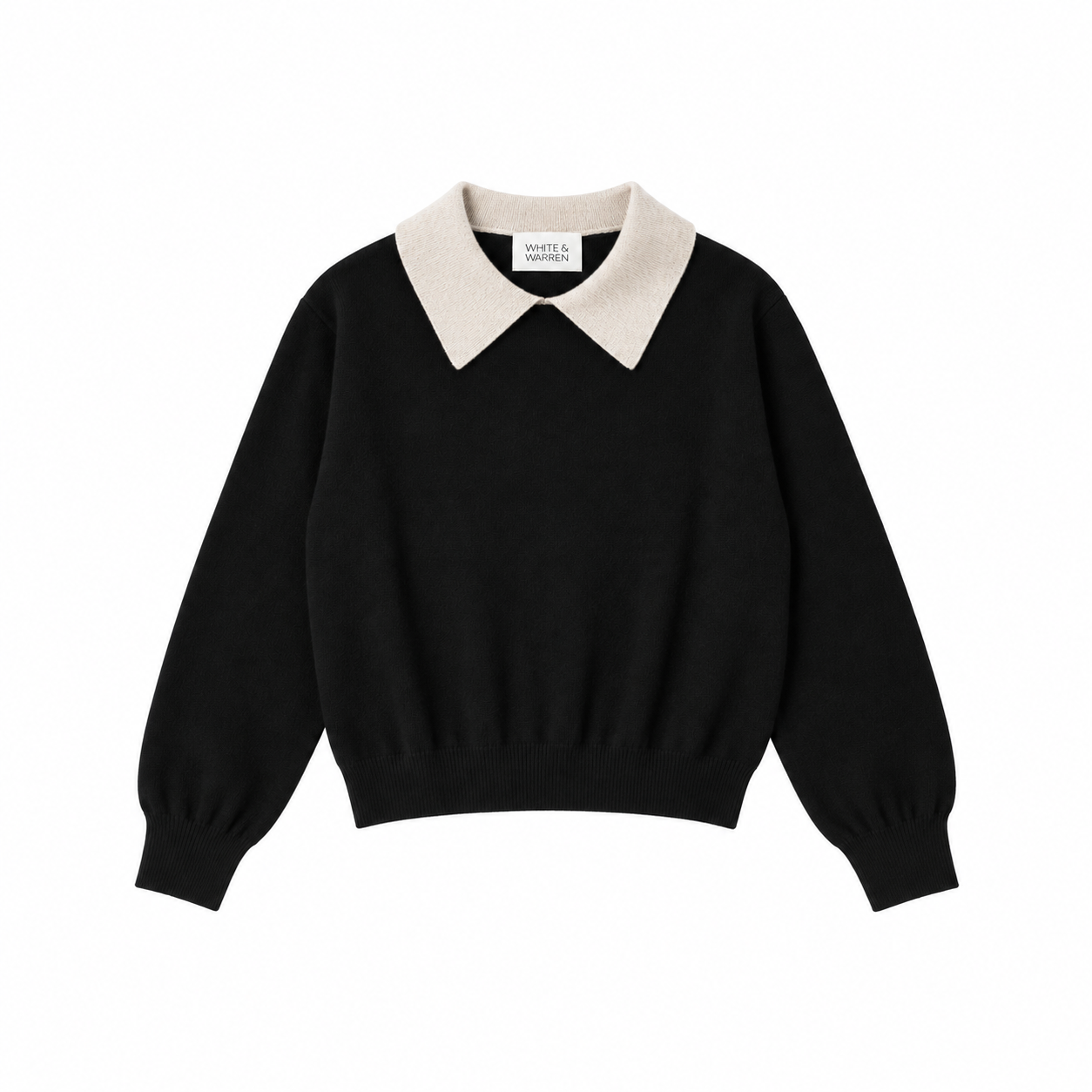 White & Warren Womens Sweaters - Cashmere XSmall / Black/Natural Heather Cashmere Contrast Collar Sweater
