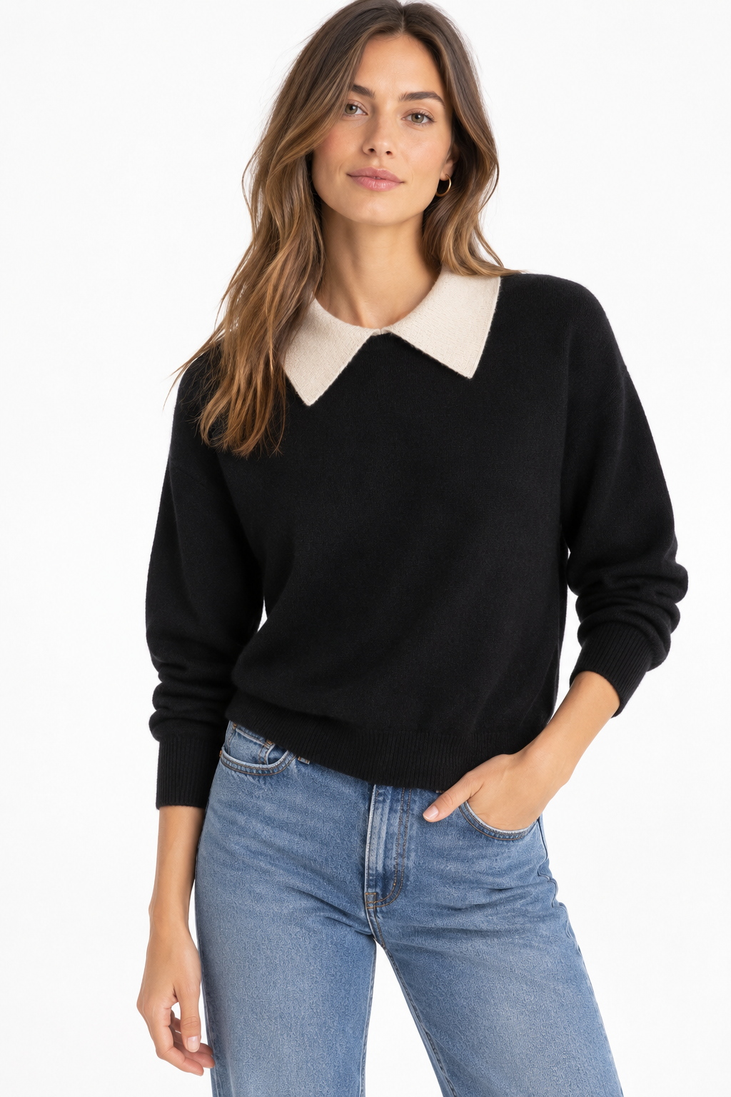 White & Warren Womens Sweaters - Cashmere Cashmere Contrast Collar Sweater