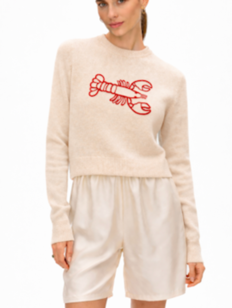 White & Warren Womens Sweaters - Cashmere Lobster Crewneck Cashmere Embroidered